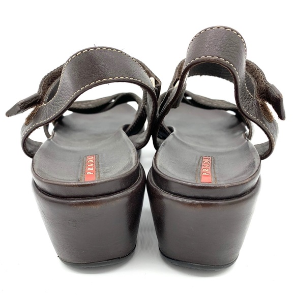 Prada Brown Leather Canvas Platform Sandals - Picture 4 of 11